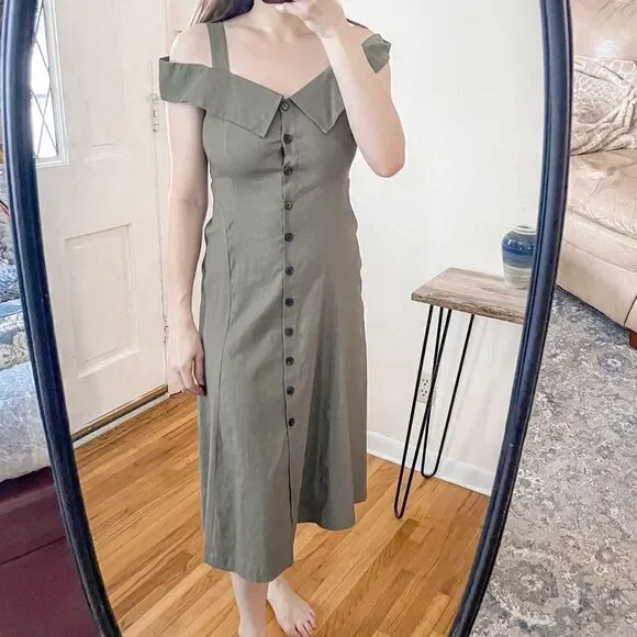 ALC Hudson Cold Shoulder Midi Dress Linen Blend Olive